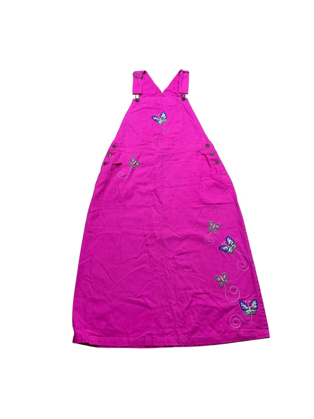 Vintage 90s Y2K Mandal Bay Pink Overall Dress, Embroidered Butterfly, Size XL